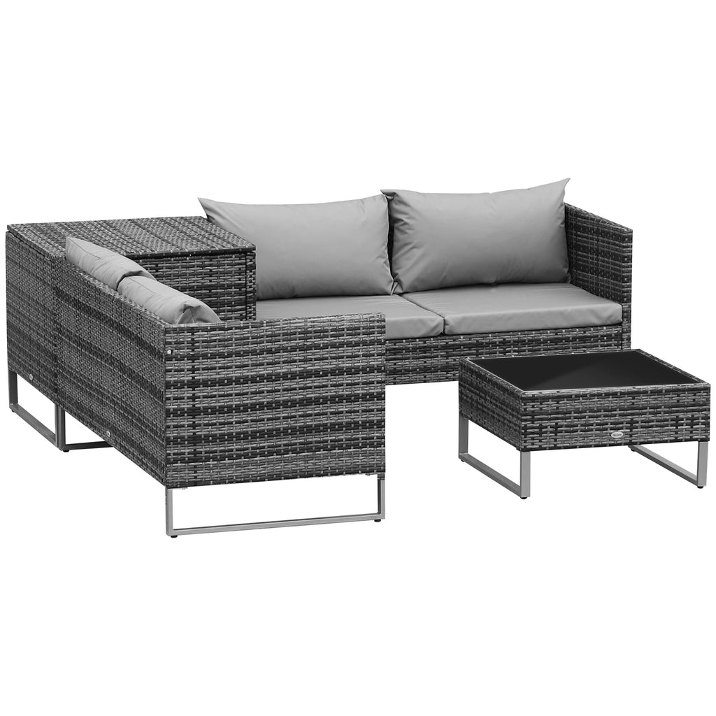 4-Piece Rattan Sofa Set with Corner Section and Glass Coffee Table, Mixed Grey