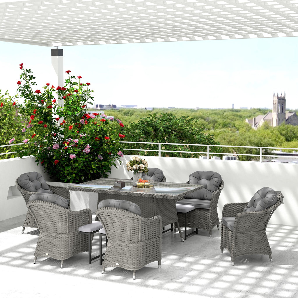 6 Seater Rattan Dining Set with Cushions, Parasol Hole & Glass Top Table, Light Grey