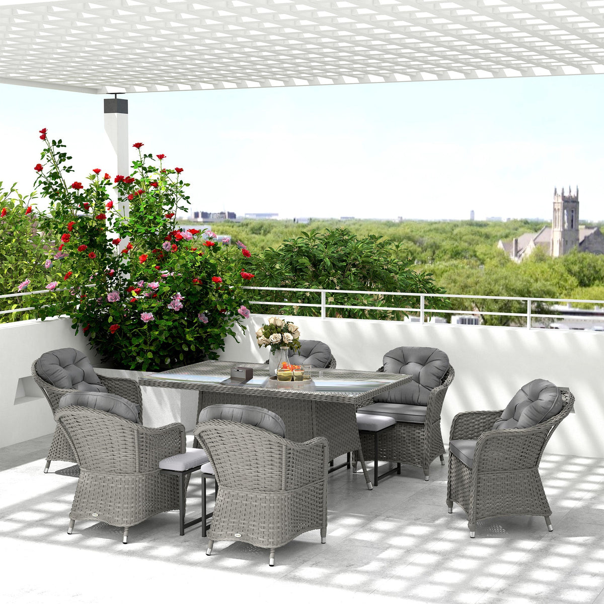 6 Seater Rattan Dining Set with Cushions, Parasol Hole & Glass Top Table, Light Grey