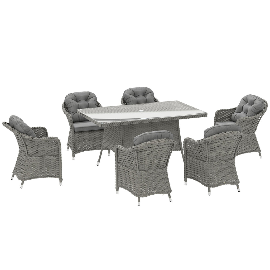 6 Seater Rattan Dining Set with Cushions, Parasol Hole & Glass Top Table, Light Grey