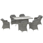 6 Seater Rattan Dining Set with Cushions, Parasol Hole & Glass Top Table, Light Grey