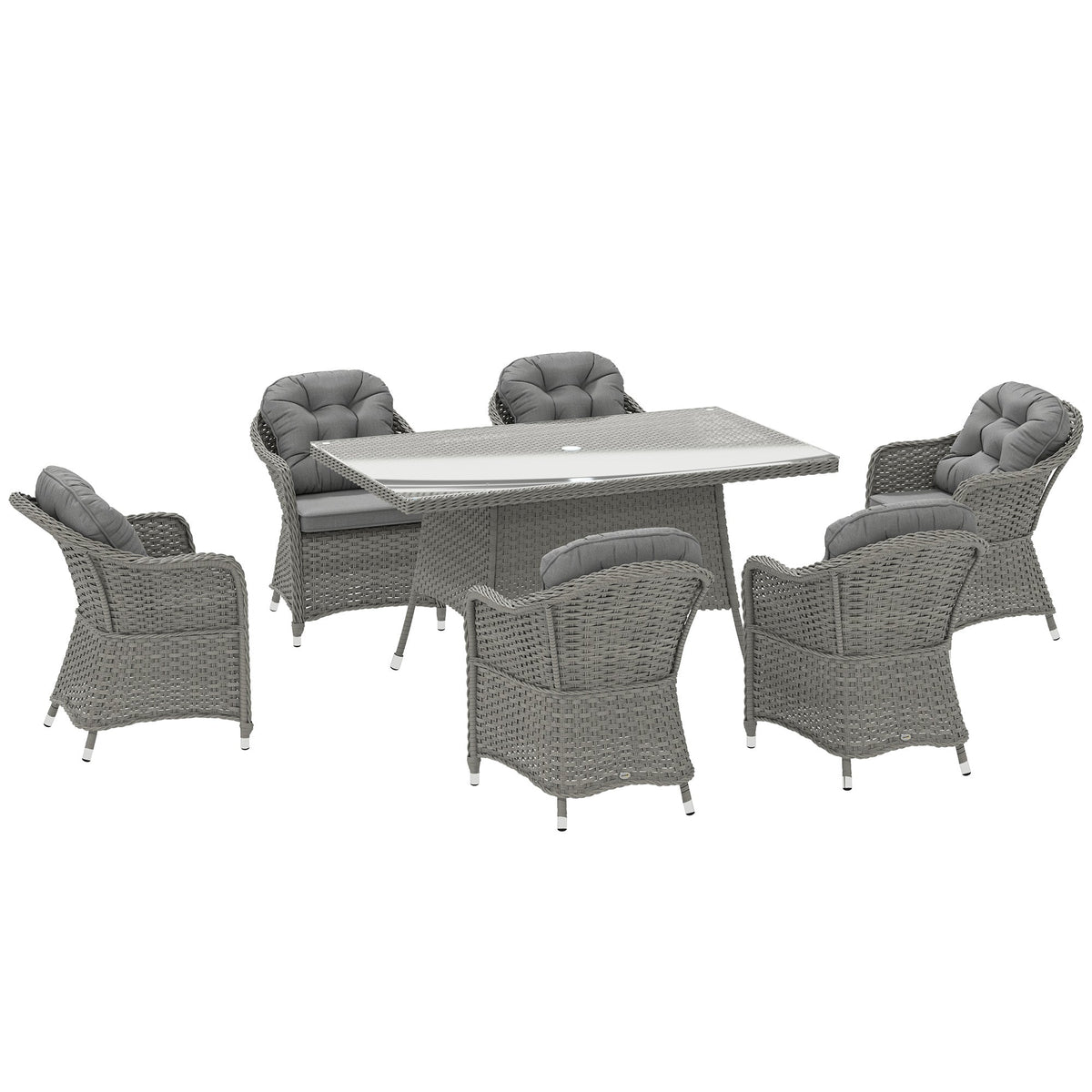 6 Seater Rattan Dining Set with Cushions, Parasol Hole & Glass Top Table, Light Grey