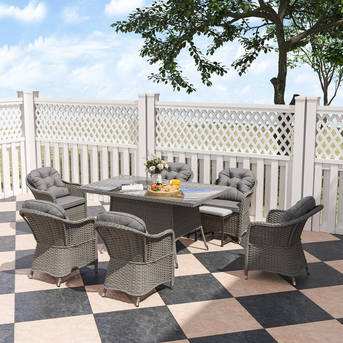 6 Seater Rattan Dining Set with Cushions, Parasol Hole & Glass Top Table, Light Grey