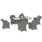 6 Seater Rattan Dining Set with Cushions, Parasol Hole & Glass Top Table, Light Grey