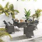 6 Seater Rattan Dining Set with Cushions, Parasol Hole & Glass Top Table, Light Grey