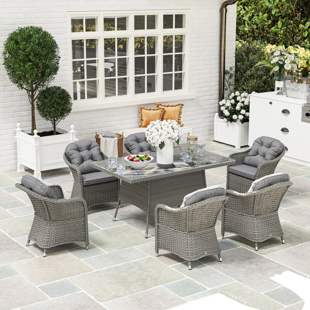 6 Seater Rattan Dining Set with Cushions, Parasol Hole & Glass Top Table, Light Grey