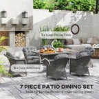 6 Seater Rattan Dining Set with Cushions, Parasol Hole & Glass Top Table, Light Grey