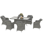 6 Seater Rattan Dining Set with Cushions, Parasol Hole & Glass Top Table, Light Grey