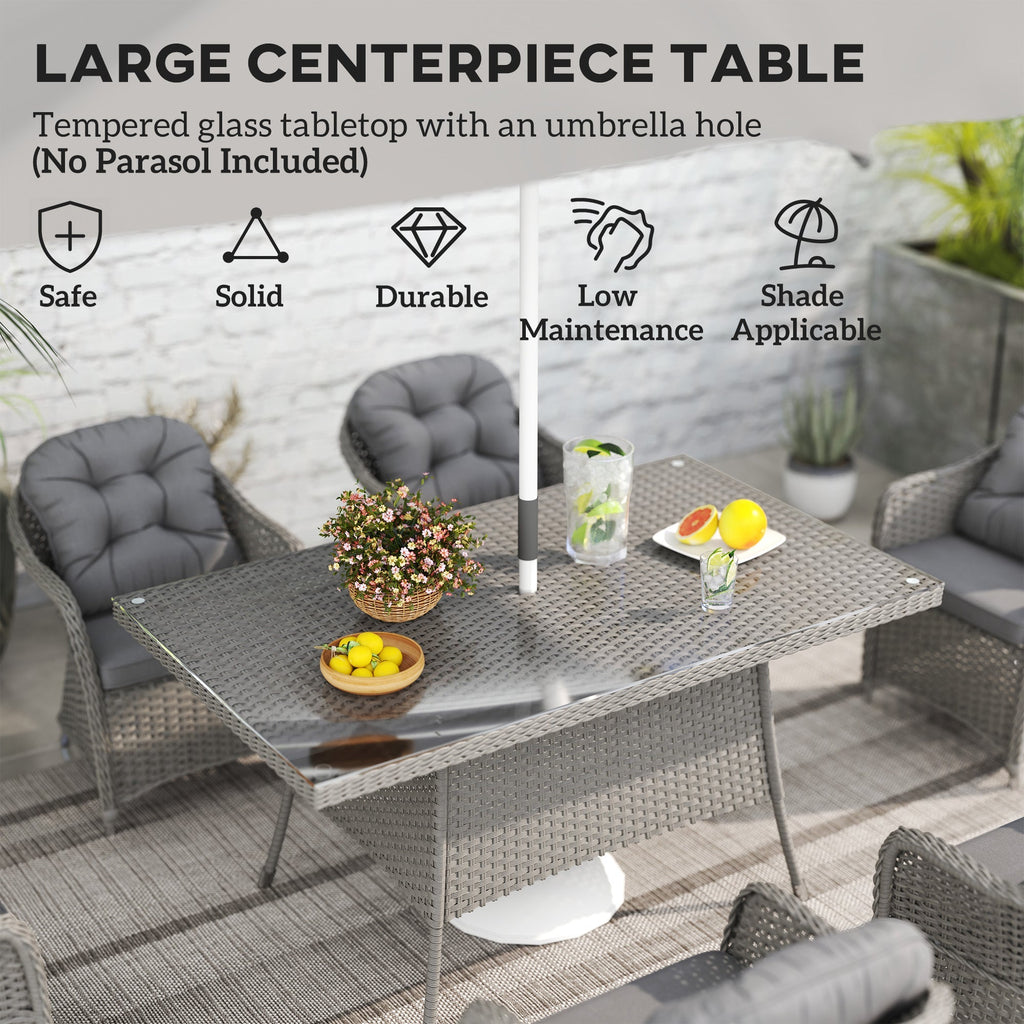 6 Seater Rattan Dining Set with Cushions, Parasol Hole & Glass Top Table, Light Grey