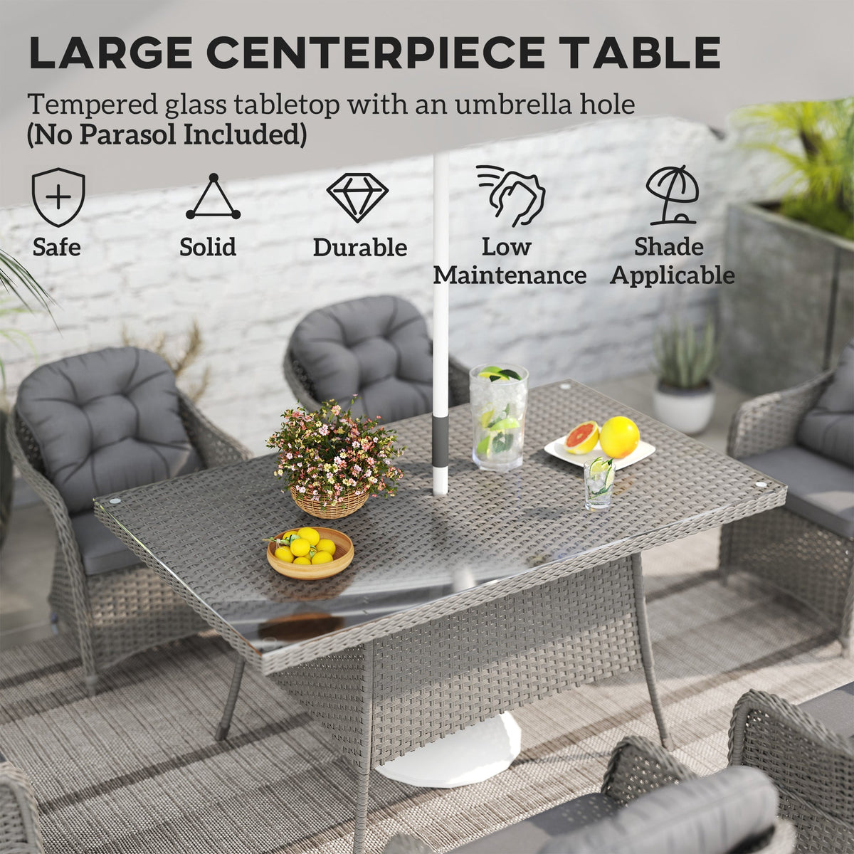 6 Seater Rattan Dining Set with Cushions, Parasol Hole & Glass Top Table, Light Grey