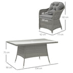 6 Seater Rattan Dining Set with Cushions, Parasol Hole & Glass Top Table, Light Grey