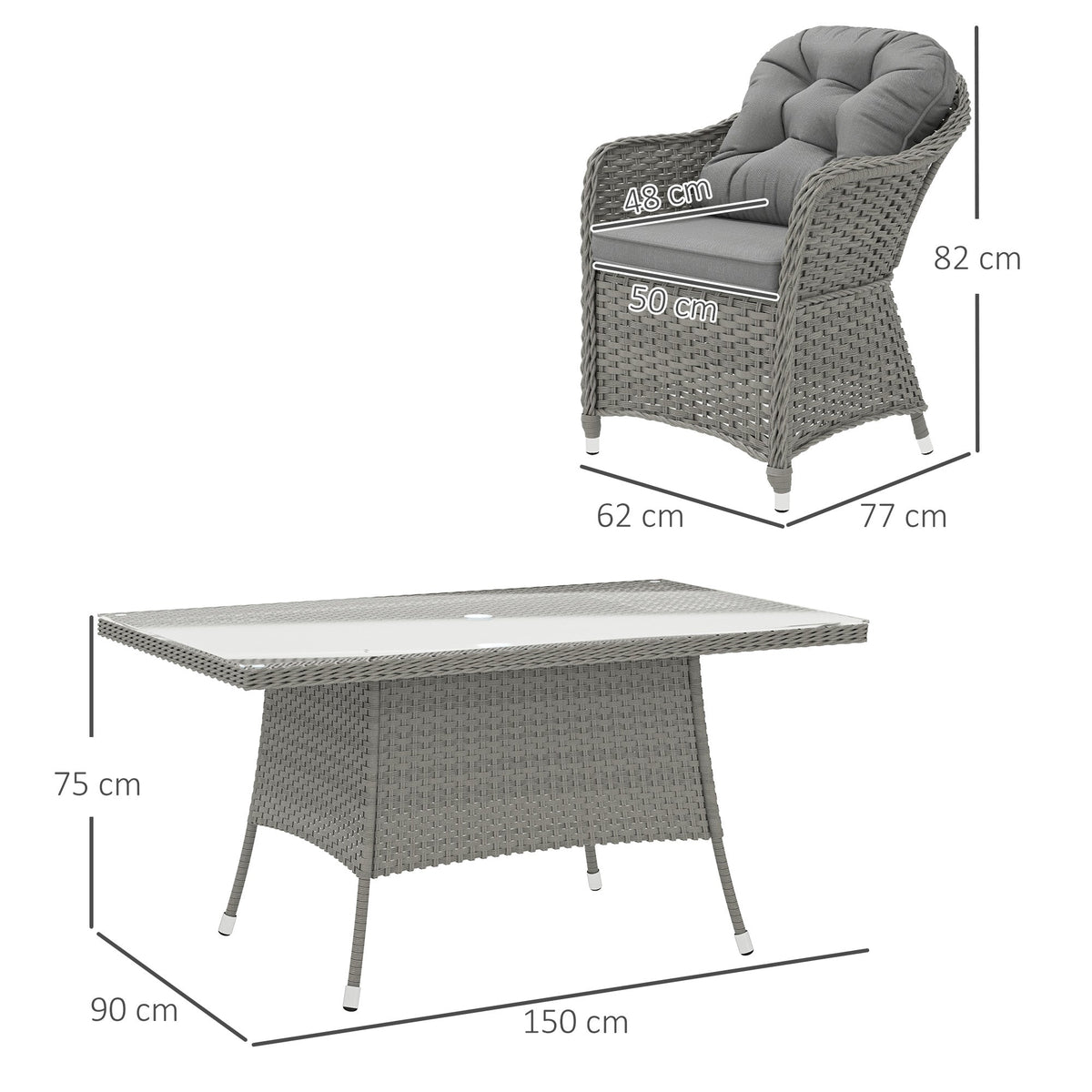 6 Seater Rattan Dining Set with Cushions, Parasol Hole & Glass Top Table, Light Grey
