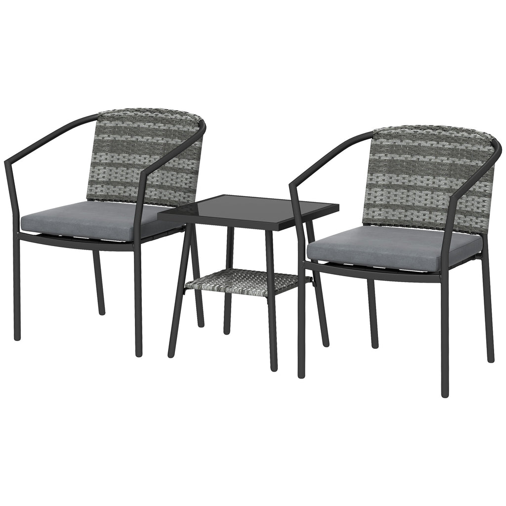 3 Pieces Rattan Bistro Set with Cushions, Glass Top Coffee Table and Chairs, Grey