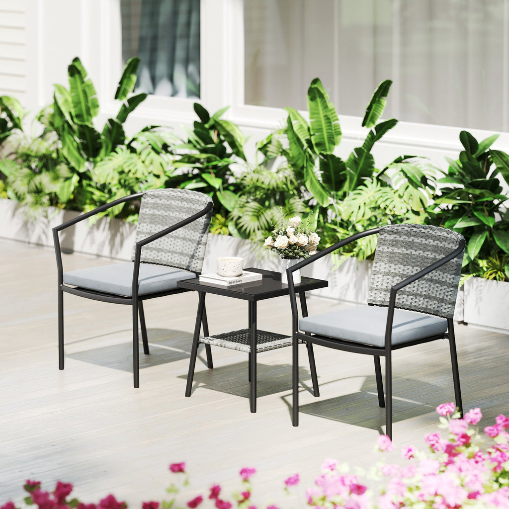 3 Pieces Rattan Bistro Set with Cushions, Glass Top Coffee Table and Chairs, Grey
