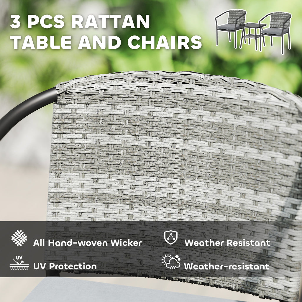 3 Pieces Rattan Bistro Set with Cushions, Glass Top Coffee Table and Chairs, Grey