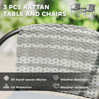 3 Pieces Rattan Bistro Set with Cushions, Glass Top Coffee Table and Chairs, Grey