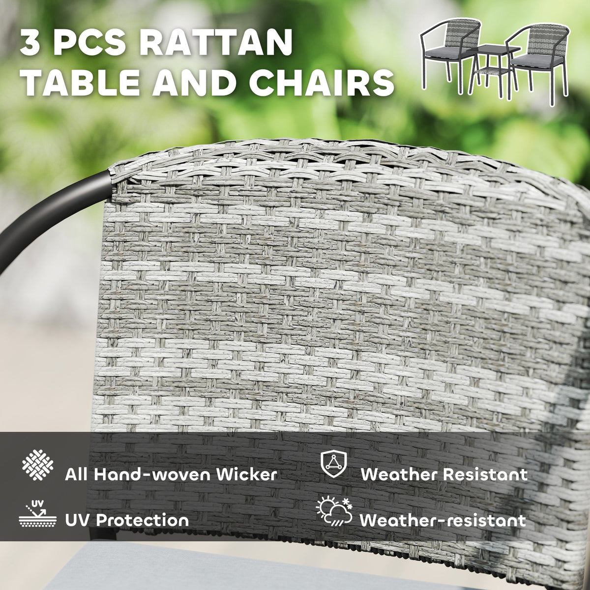 3 Pieces Rattan Bistro Set with Cushions, Glass Top Coffee Table and Chairs, Grey