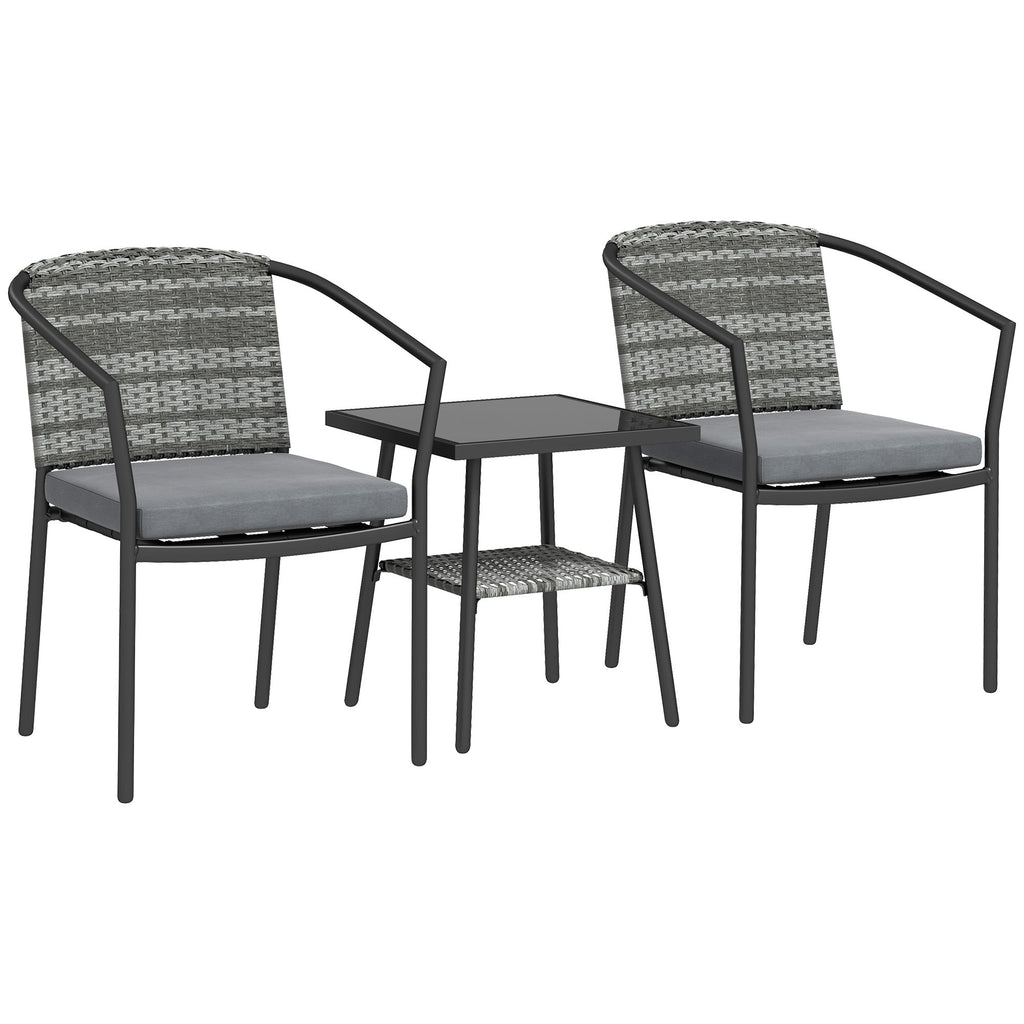 3 Pieces Rattan Bistro Set with Cushions, Glass Top Coffee Table and Chairs, Grey