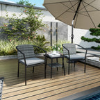 3 Pieces Rattan Bistro Set with Cushions, Glass Top Coffee Table and Chairs, Grey
