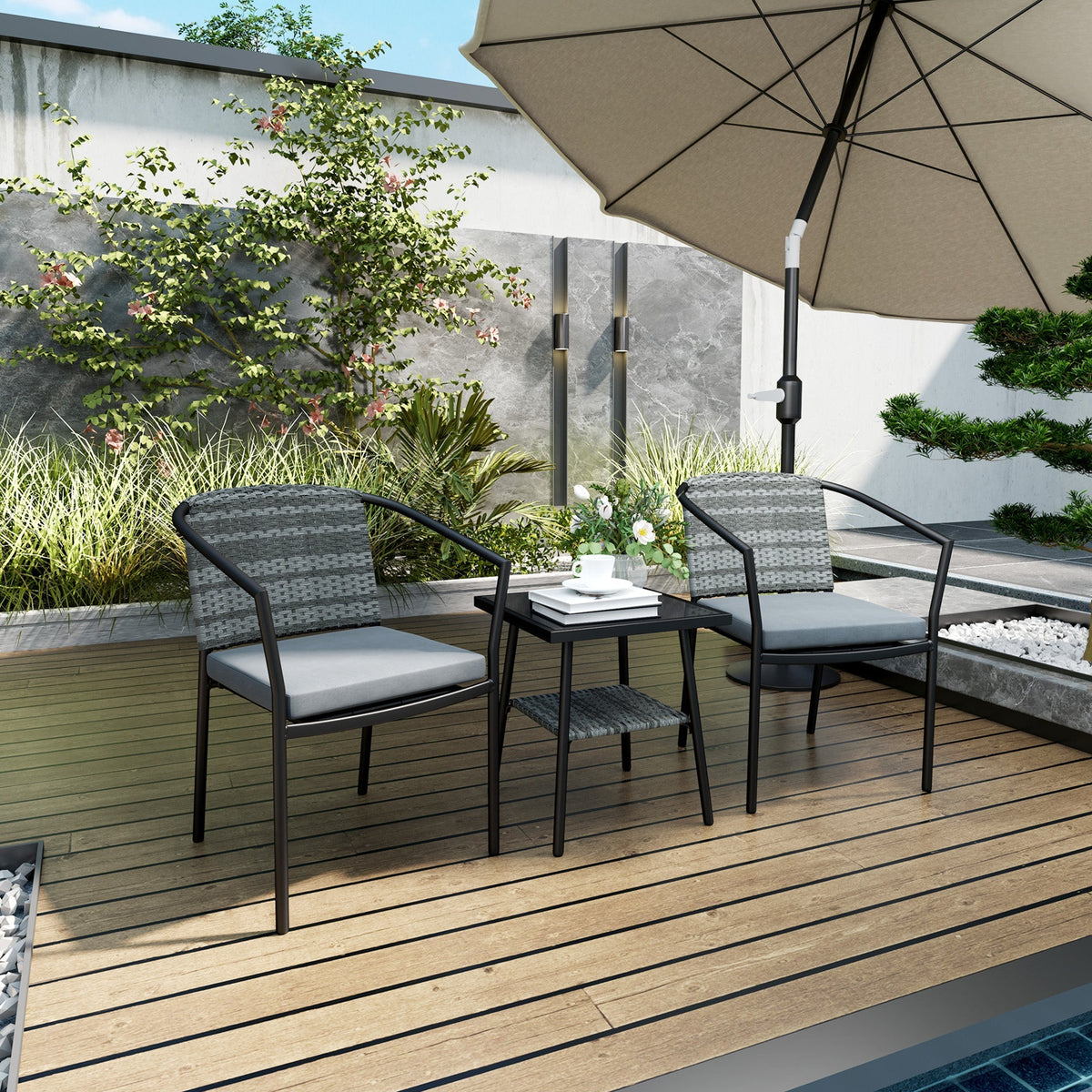 3 Pieces Rattan Bistro Set with Cushions, Glass Top Coffee Table and Chairs, Grey