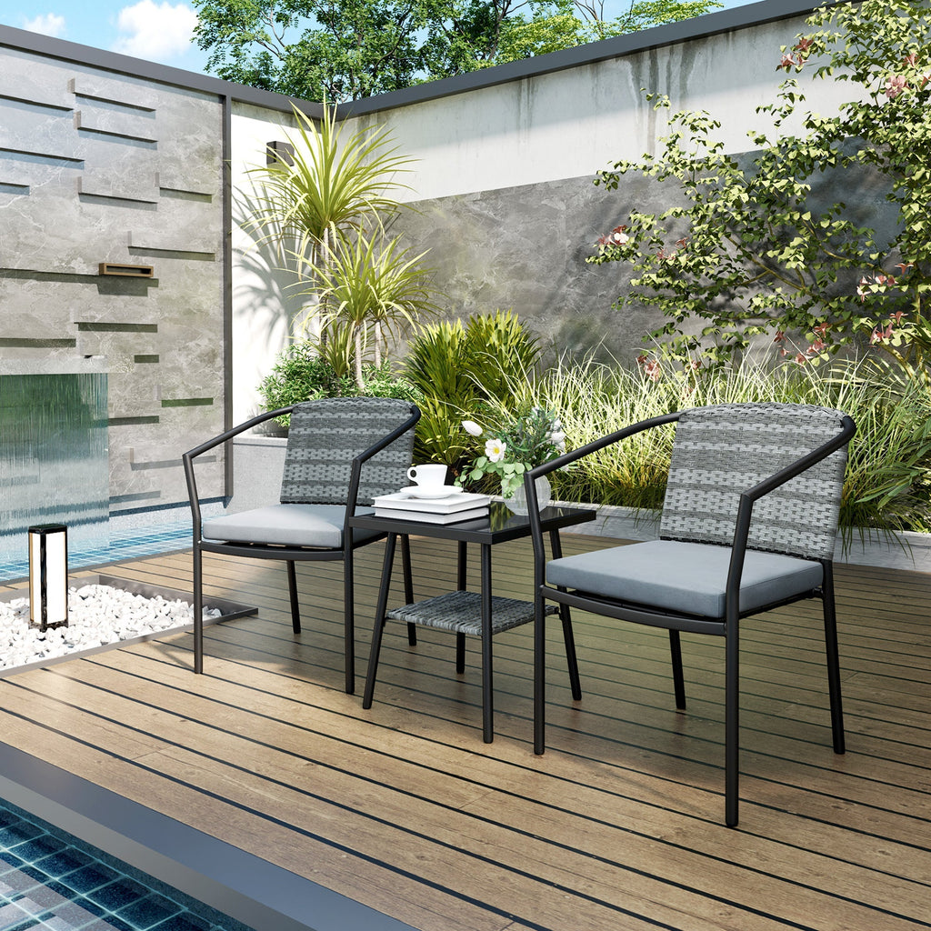 3 Pieces Rattan Bistro Set with Cushions, Glass Top Coffee Table and Chairs, Grey