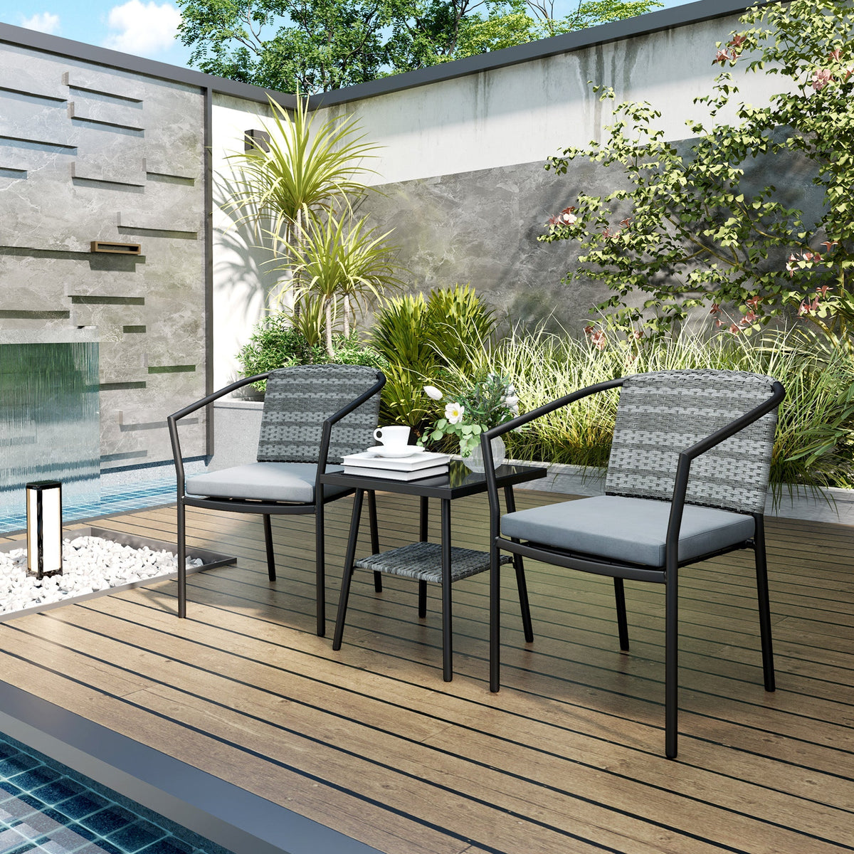 3 Pieces Rattan Bistro Set with Cushions, Glass Top Coffee Table and Chairs, Grey