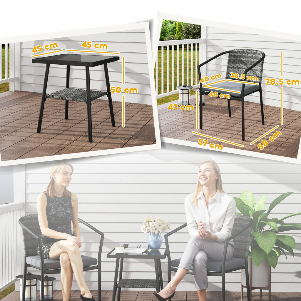 3 Pieces Rattan Bistro Set with Cushions, Glass Top Coffee Table and Chairs, Grey