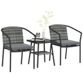 3 Pieces Rattan Bistro Set with Cushions, Glass Top Coffee Table and Chairs, Grey