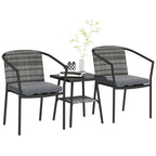 3 Pieces Rattan Bistro Set with Cushions, Glass Top Coffee Table and Chairs, Grey