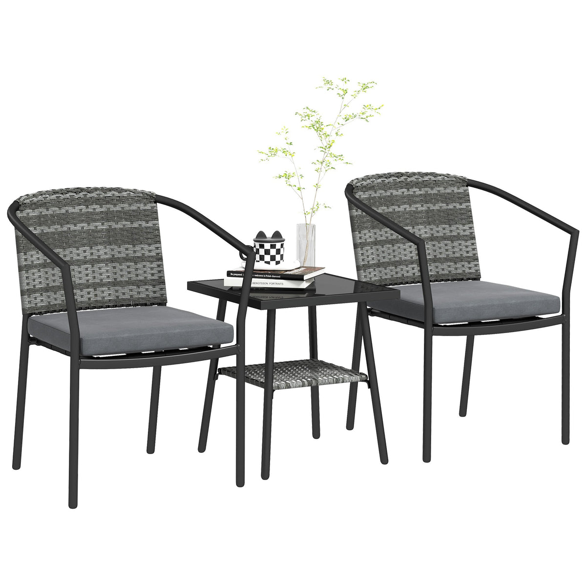3 Pieces Rattan Bistro Set with Cushions, Glass Top Coffee Table and Chairs, Grey
