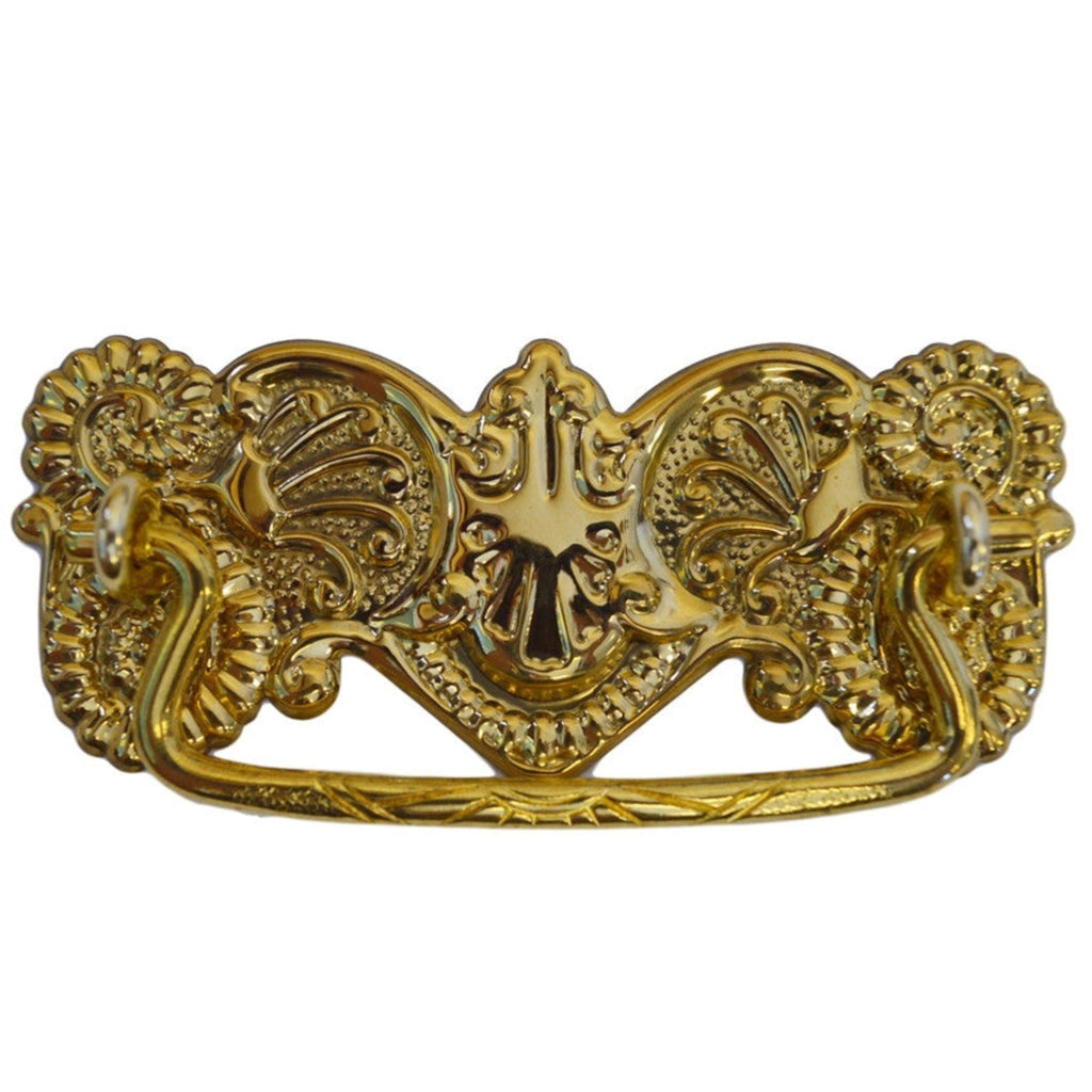 Ornate Victorian Drawer Pull – Brass or Antique Finish, 3" Center-to-Center, Stamped Back Plate, Cast Bail