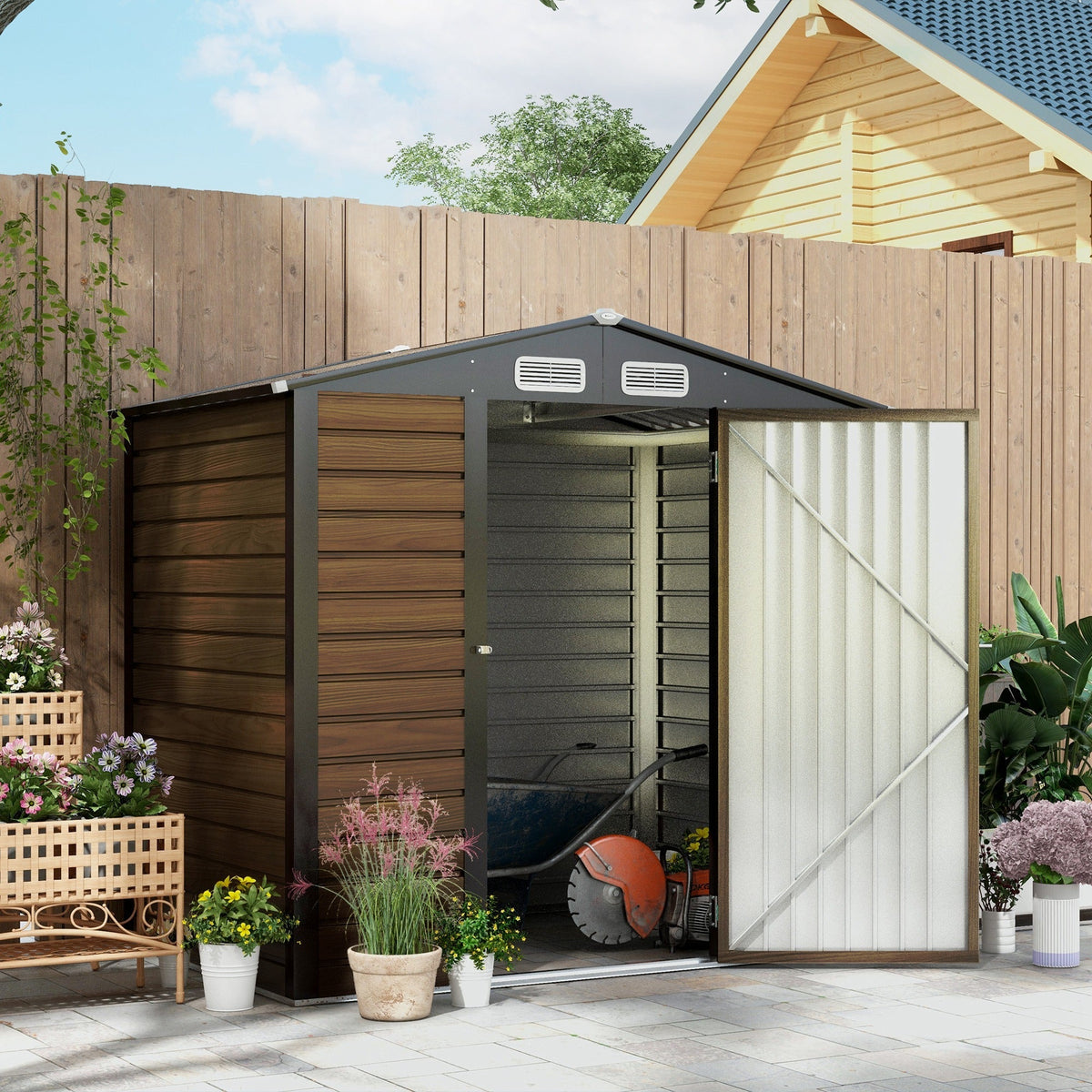 4.3 x 6.2 ft Garden Shed w/ Ventilation Slots, Lockable Door and Gloves for Garden, Patio, Oak