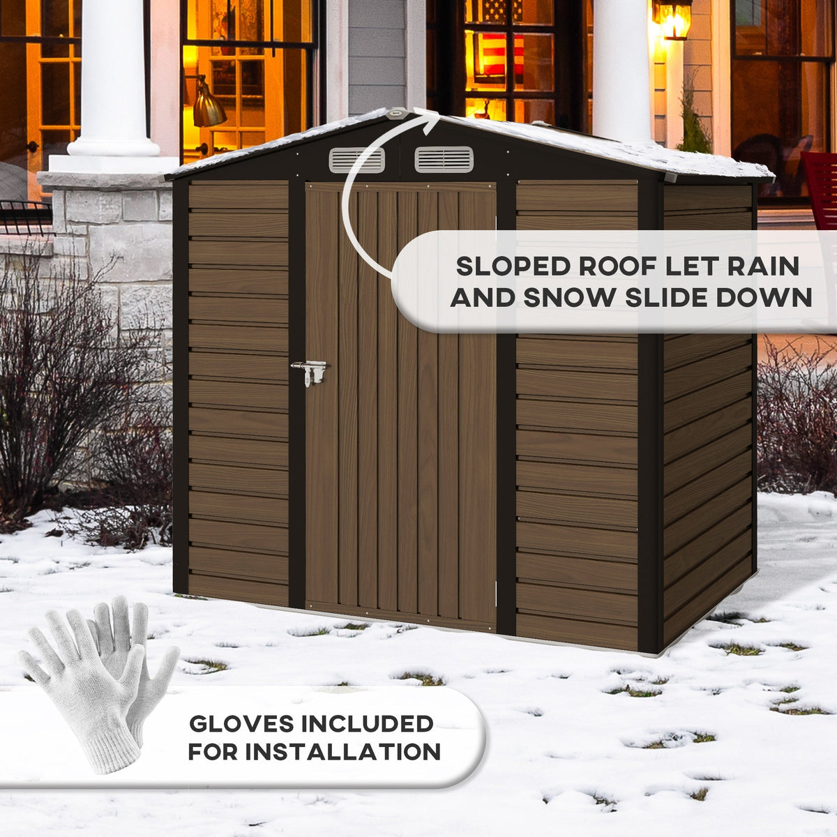 4.3 x 6.2 ft Garden Shed w/ Ventilation Slots, Lockable Door and Gloves for Garden, Patio, Oak