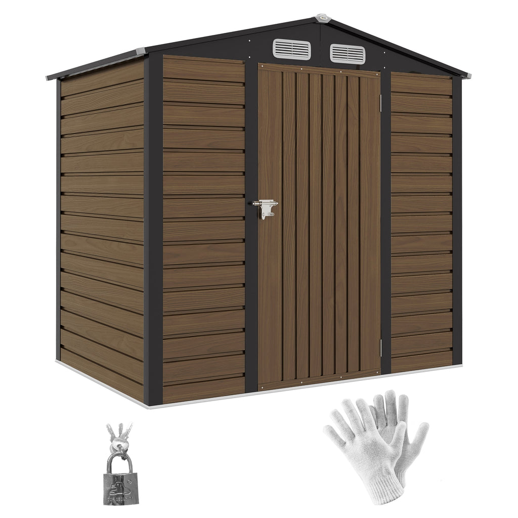 4.3 x 6.2 ft Garden Shed w/ Ventilation Slots, Lockable Door and Gloves for Garden, Patio, Oak