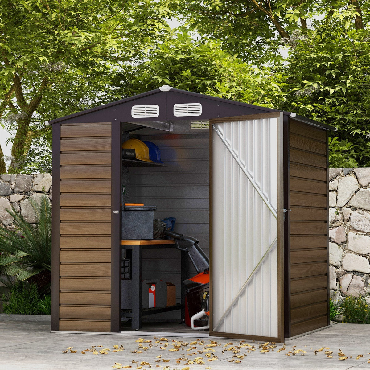 4.3 x 6.2 ft Garden Shed w/ Ventilation Slots, Lockable Door and Gloves for Garden, Patio, Oak