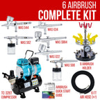 6 Master Model G22, G34 & G44 Gravity Feed, S62 & S68 Siphon Feed, S68 Side Feed Airbrushes with Air Compressor with Air Storage Tank