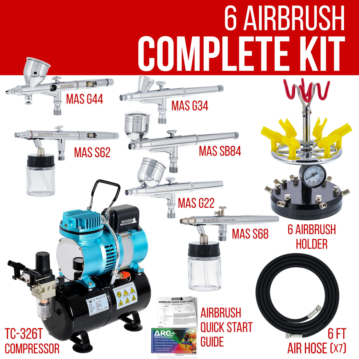 6 Master Model G22, G34 & G44 Gravity Feed, S62 & S68 Siphon Feed, S68 Side Feed Airbrushes with Air Compressor with Air Storage Tank
