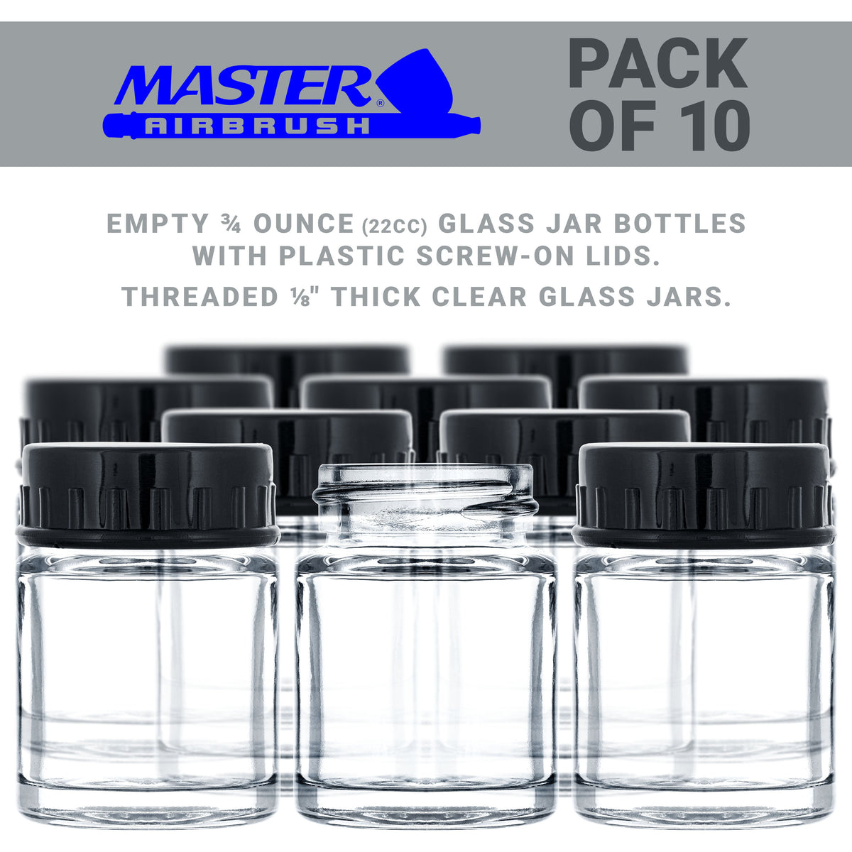 10 Pack TB-001 Empty 3/4 Ounce (22cc) Glass Jar Bottles with Plastic Lids, Paint Storage Bottles, Jars Screw Into Siphon Feed Airbrush Lid Assemblies