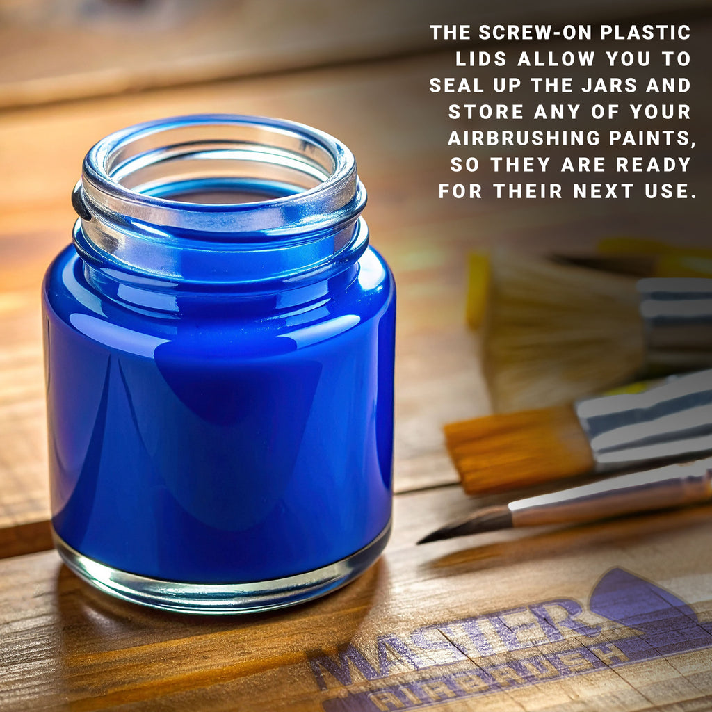 10 Pack TB-001 Empty 3/4 Ounce (22cc) Glass Jar Bottles with Plastic Lids, Paint Storage Bottles, Jars Screw Into Siphon Feed Airbrush Lid Assemblies