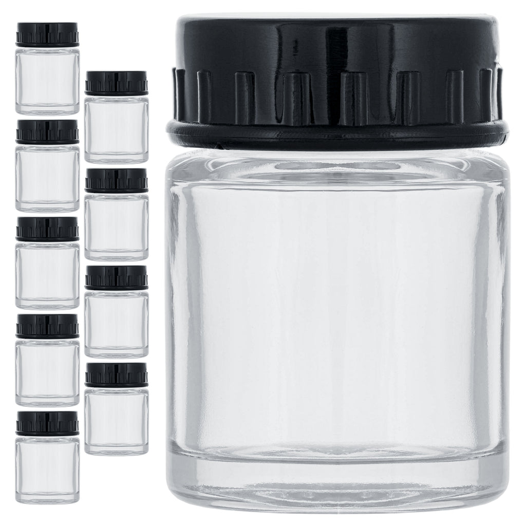10 Pack TB-001 Empty 3/4 Ounce (22cc) Glass Jar Bottles with Plastic Lids, Paint Storage Bottles, Jars Screw Into Siphon Feed Airbrush Lid Assemblies