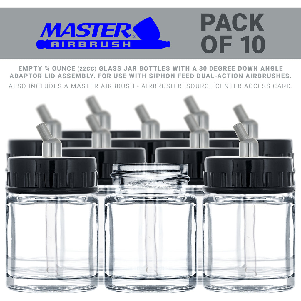10 Pack of TB-002 3/4 oz Glass Jar Bottles with 30 degree Down Angle Adaptor Lid Assembly - Dual-Action Siphon