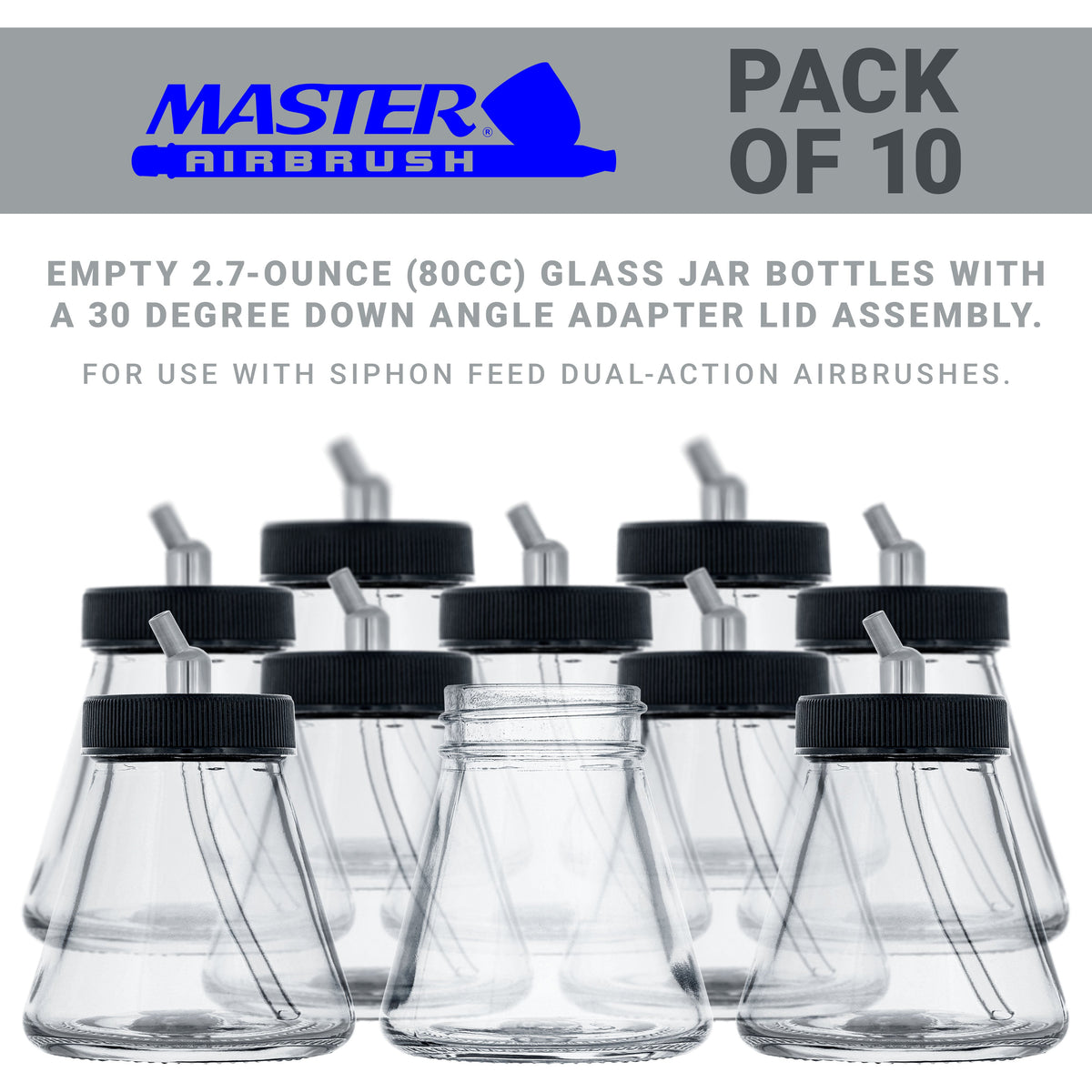(Pack of 10) TB-010 Empty 2.7-Ounce (80cc) Glass Jar Bottles with 30 Degree­ Down Angle Adaptor Lid Assembly - Fits Dual-Action Siphon Feed Airbrushes