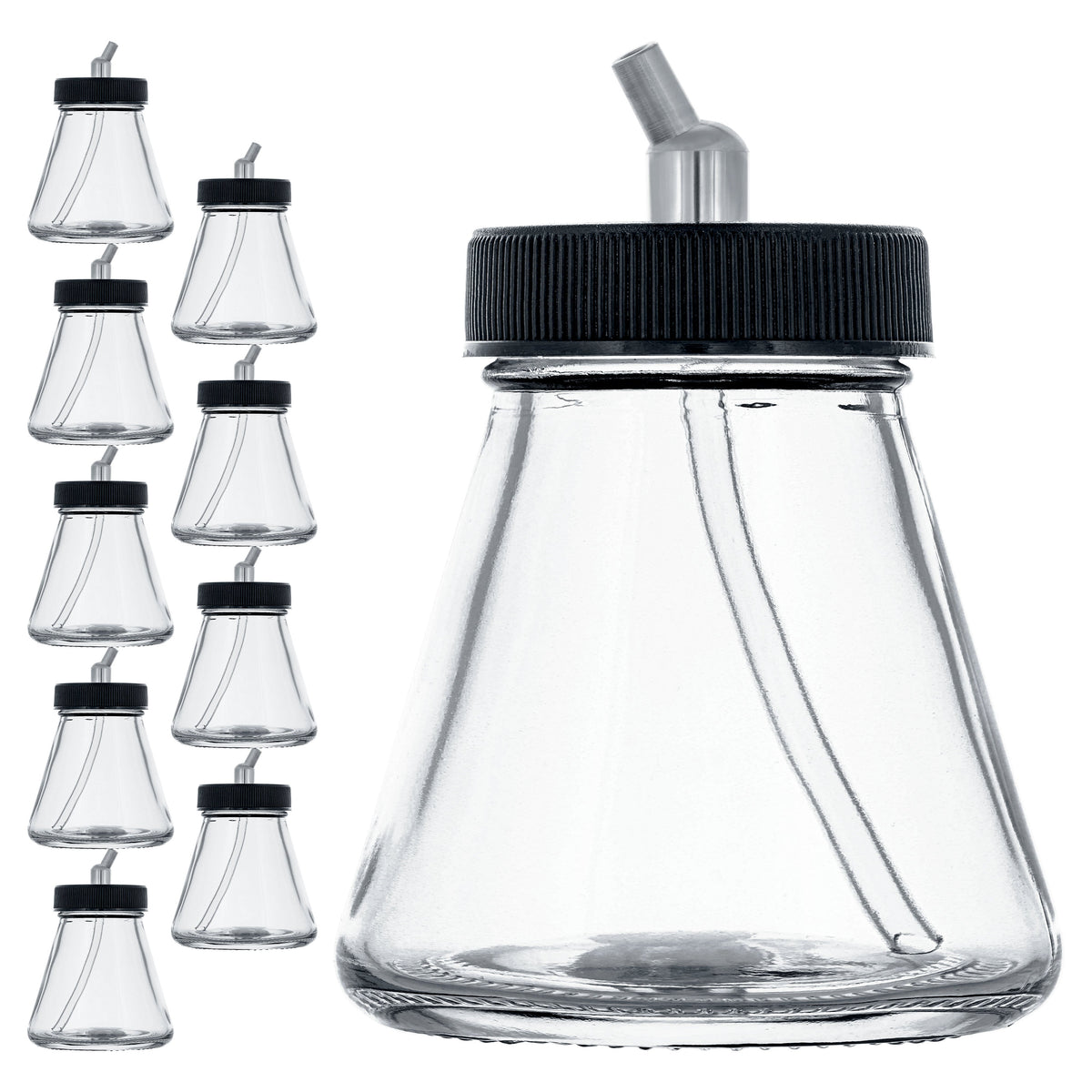 (Pack of 10) TB-010 Empty 2.7-Ounce (80cc) Glass Jar Bottles with 30 Degree­ Down Angle Adaptor Lid Assembly - Fits Dual-Action Siphon Feed Airbrushes