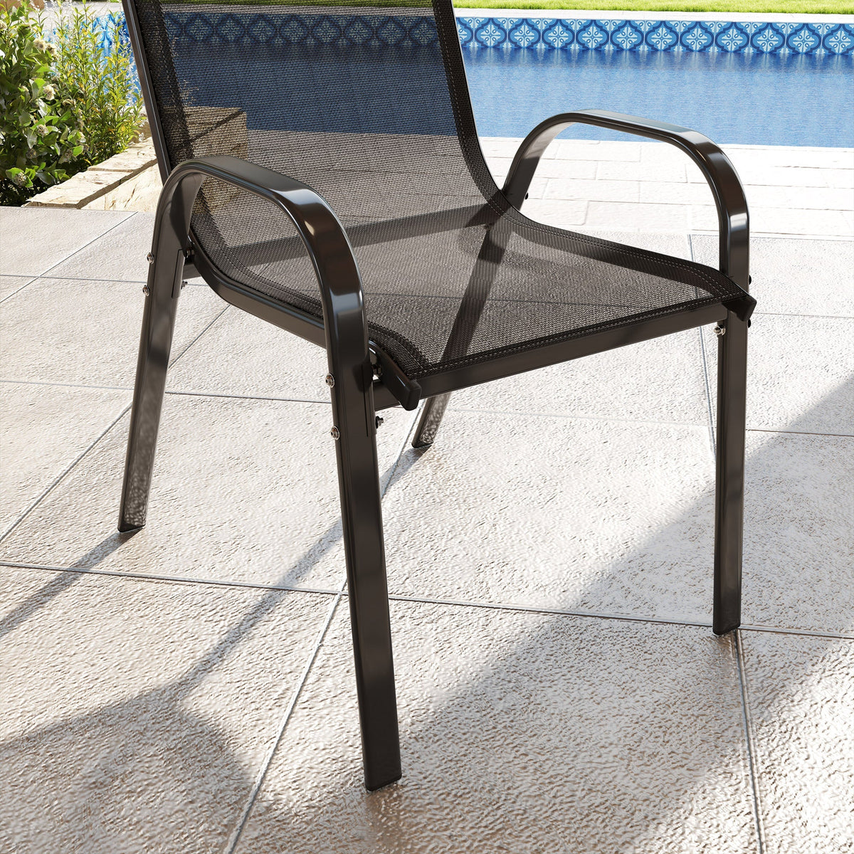 Set of 2 Outdoor Stackable Chairs with High Back & Breathable Mesh Seat, Black