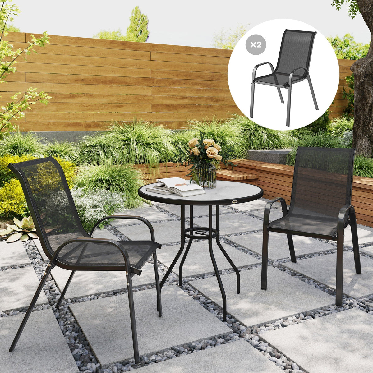 Set of 2 Outdoor Stackable Chairs with High Back & Breathable Mesh Seat, Black