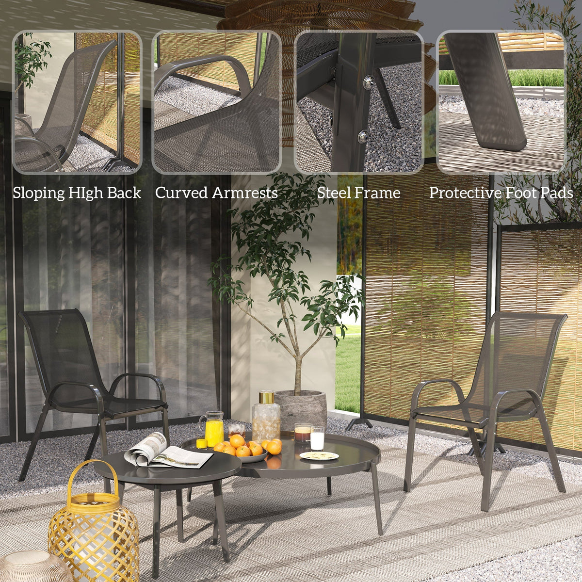 Set of 2 Outdoor Stackable Chairs with High Back & Breathable Mesh Seat, Black