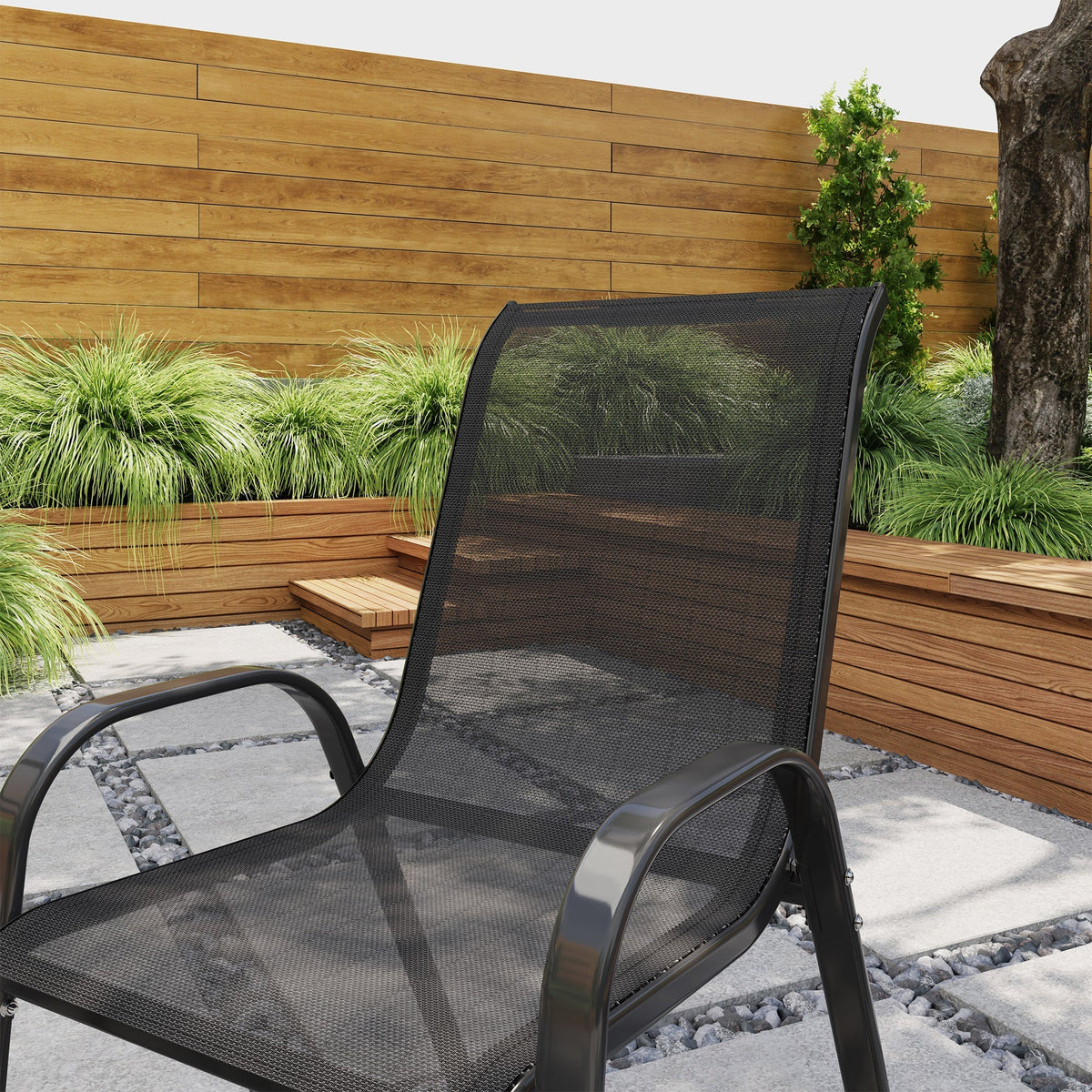 Set of 2 Outdoor Stackable Chairs with High Back & Breathable Mesh Seat, Black