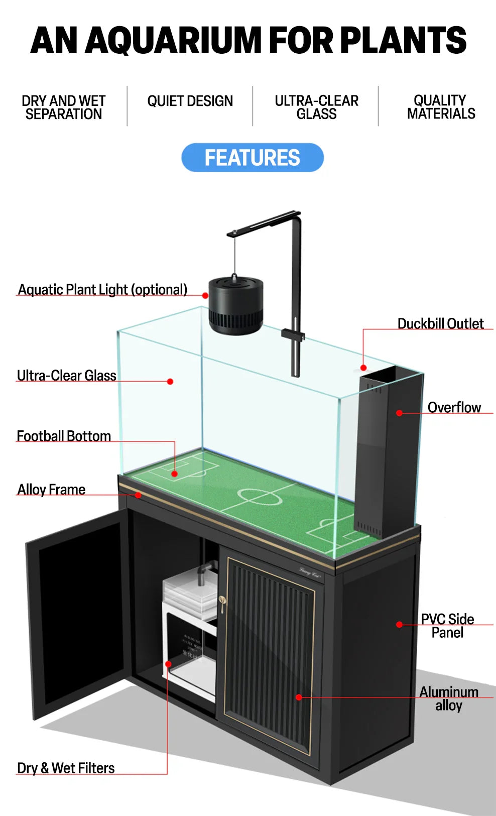 50 Gallon Aquarium with Cabinet Stand | Modern Glass Fish Tank - Dark Grey
