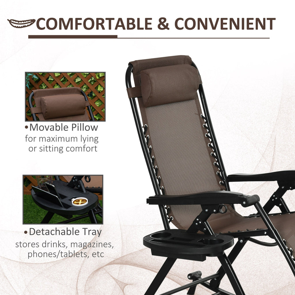 Foldable Reclining Zero Gravity Lounge Rockers w/ Pillow, Cup Holder, Brown