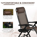 Foldable Reclining Zero Gravity Lounge Rockers w/ Pillow, Cup Holder, Brown